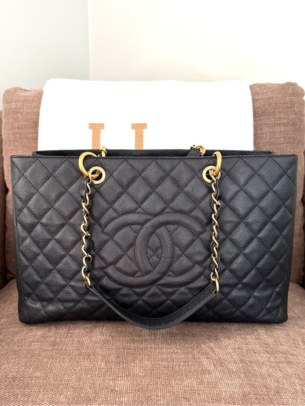Authentic Chanel Caviar Quilted Grand Shopping Tote bag GST black leather large